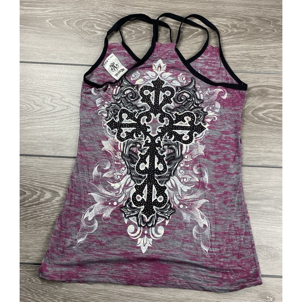 Vocal Womens Embellished Cross Sleeveless Tank Cross Cross Back Purple Grey Sz L - Picture 4 of 8